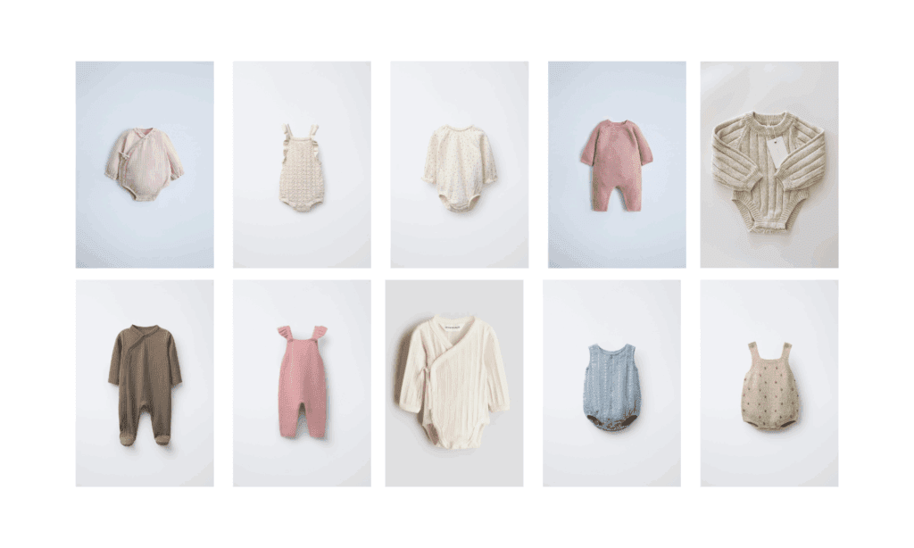 Collage of various newborn outfits in solid colors