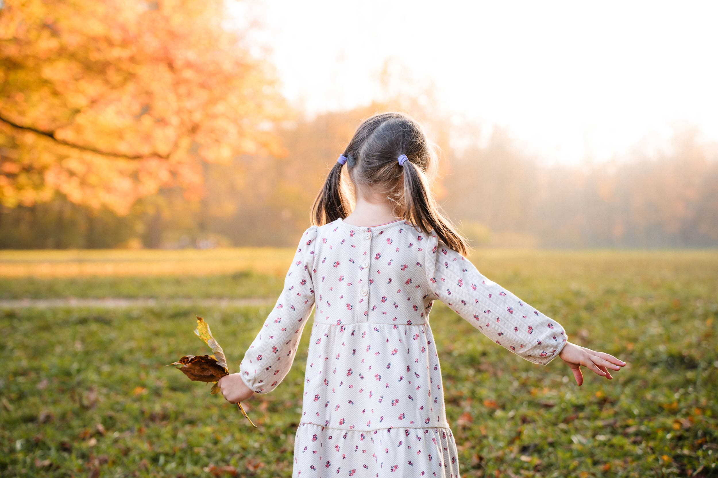 Back side of a young girl with pigtails holding leaves in front of fall foliage in Munich